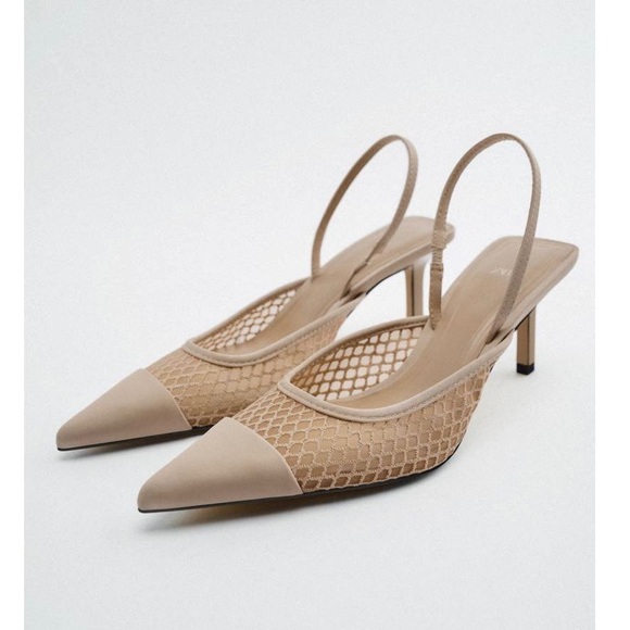 Zara NWT Mesh net detail pointed toe sling back heels size 40 - Picture 6 of 12